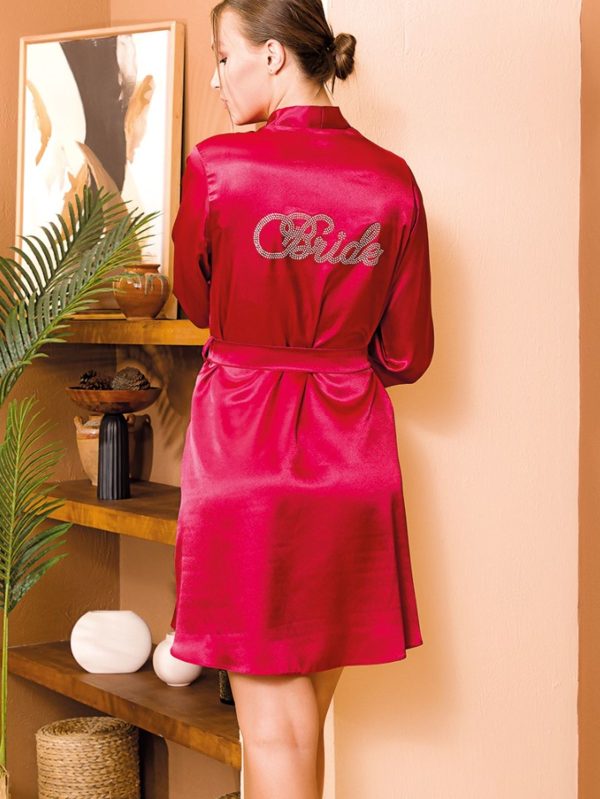 Lady Saten Kırmızı Sırt Bride İşlemeli Sabahlık Lüks A Kalite Sabahlık LADY-15062 - S