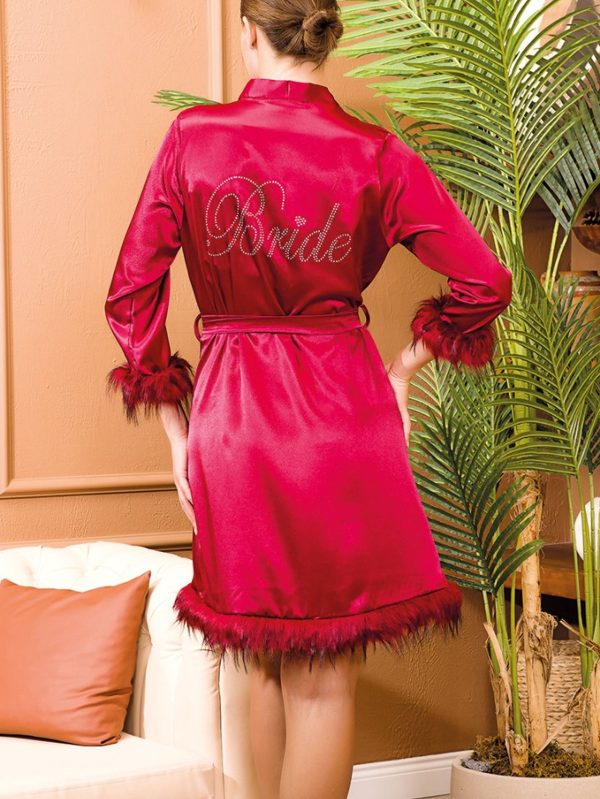 Lady Saten Kırmızı Kolları Tüylü Sabahlık Lüks A Kalite Sabahlık LADY-15053 - Görsel 2