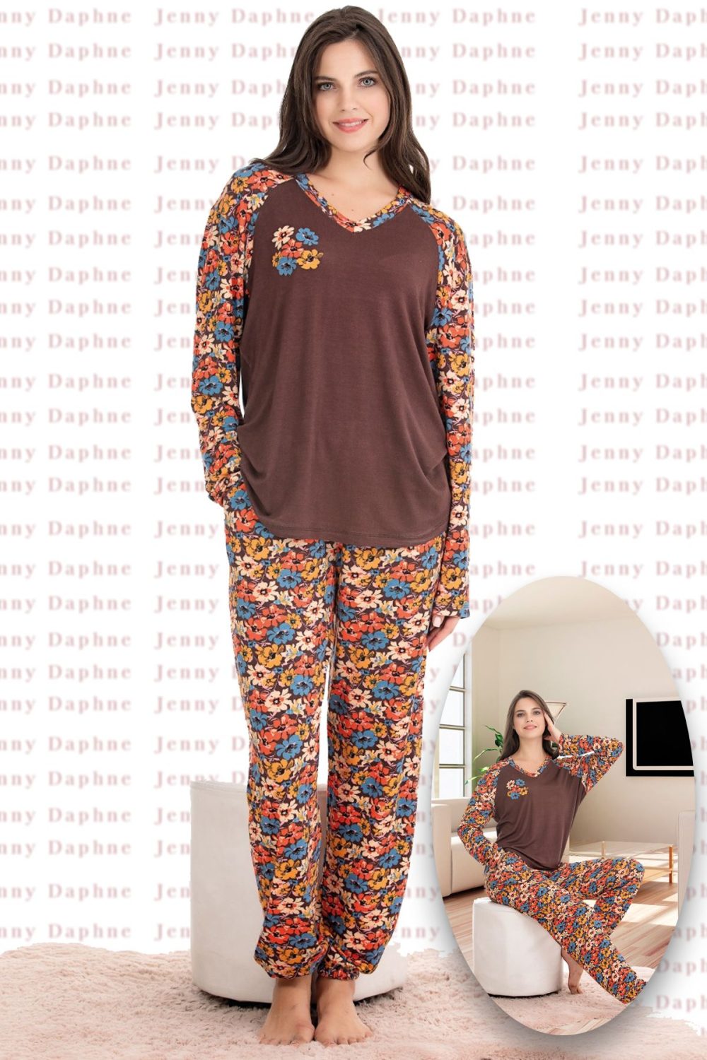 Yumuşacık Viskon Kumaş Çiçek Desenli Uzun Kollu Pijama Takımı 11649