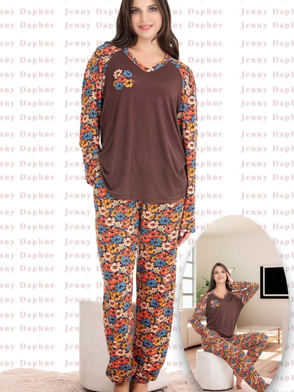 Yumuşacık Viskon Kumaş Çiçek Desenli Uzun Kollu Pijama Takımı 11649 - XL