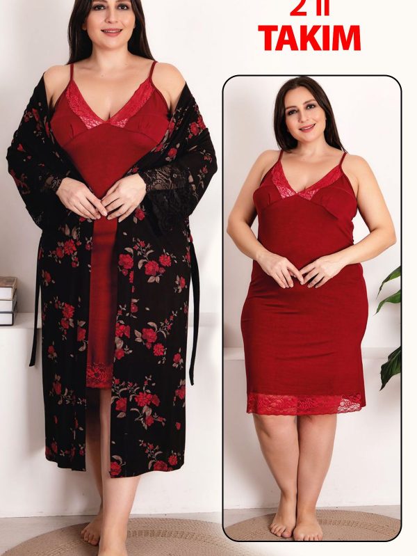 Lady Gül Desenli Viskon Kumaş 2li Lüks Gecelik Sabahlık Takımı 19226 - 2XL