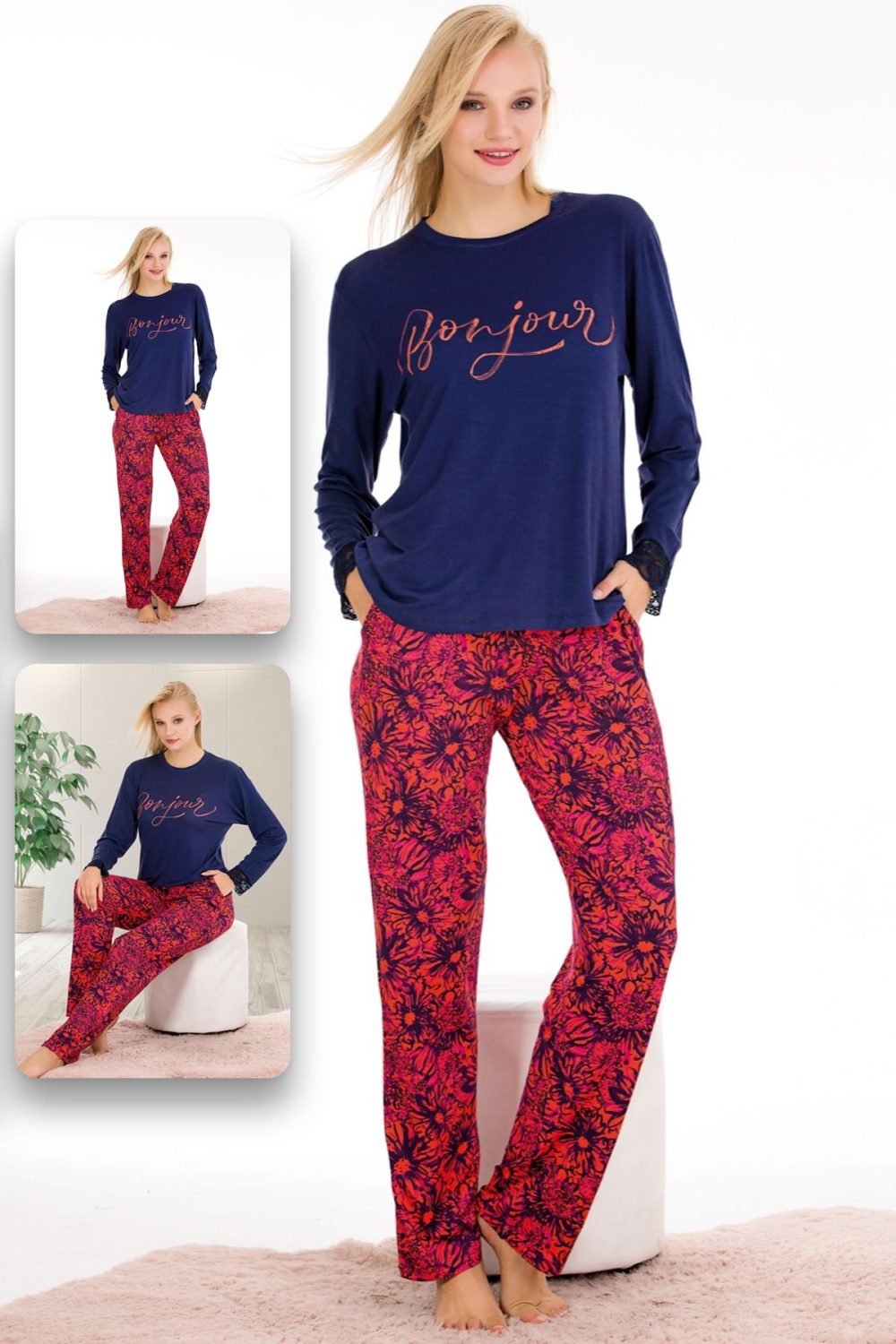 Normal Beden Çiçek Desenli Uzun Kollu Pijama Takımı 11640