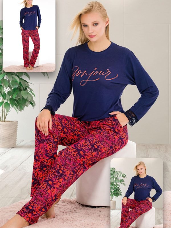Normal Beden Çiçek Desenli Uzun Kollu Pijama Takımı 11640 - Görsel 2