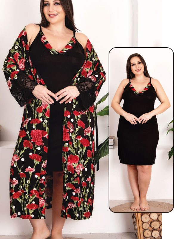 Lady Gül Desenli Viskon Kumaş 2li Lüks Gecelik Sabahlık Takımı 19224 - 4XL