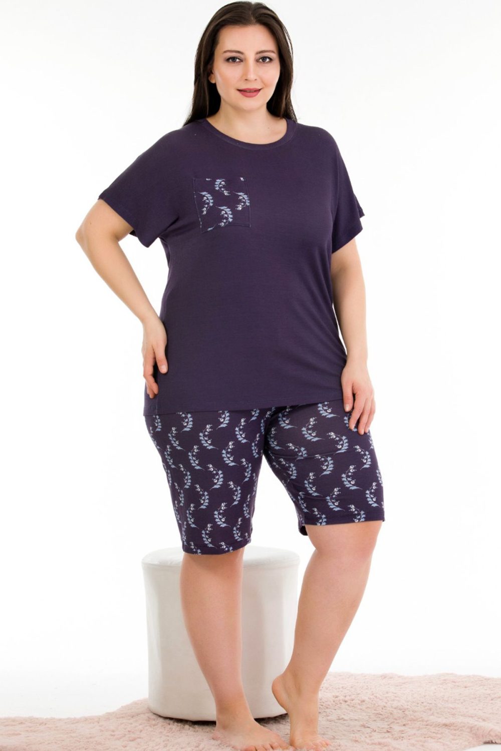 Lady Büyük Beden Bisiklet Yaka Cepli Kısa Kol Şortlu Pijama Takımı