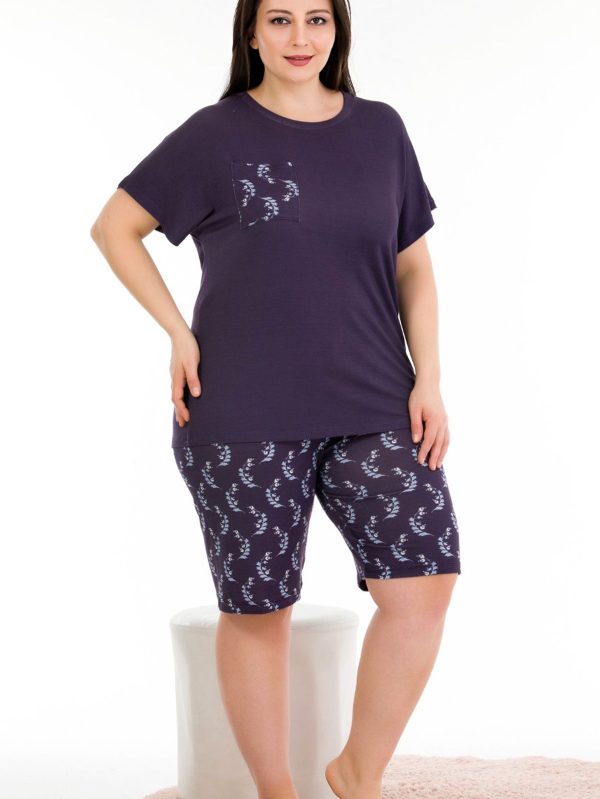 Lady Büyük Beden Bisiklet Yaka Cepli Kısa Kol Şortlu Pijama Takımı