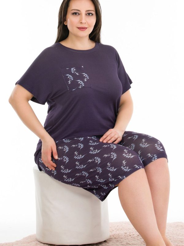 Lady Büyük Beden Desenli Bisiklet Yaka Cepli Kısa Kol Şortlu Pijama Takımı 10386 - Görsel 2