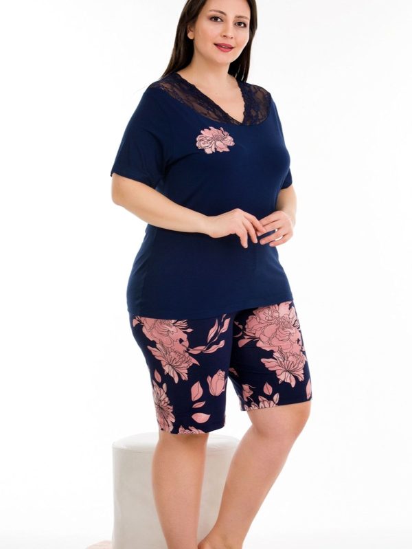 Lady Desenli Dantelli Kısa Kol Şortlu Pijama Takımı 10382 - 3XL