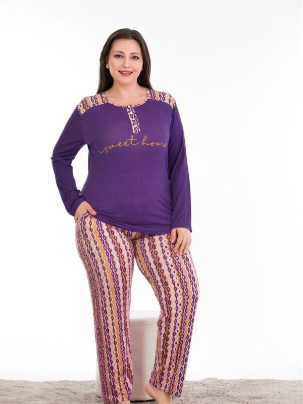 Mor Renk ve Çiçek Desenli Lady 11354 Kadın Uzun Kol Büyük Beden Pijama Takımı