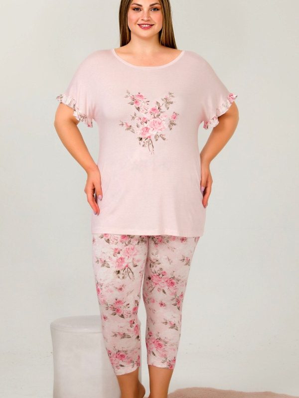 Lady Büyük Beden Kısa Kollu Çiçek Desenli Kapri Pijama Takımı 10658 - 4XL