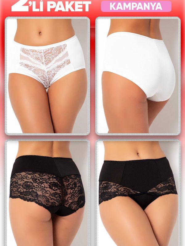 2 li Mk Claws Yüksel Bel Beyaz ve Siyah Dantelli Külot Box 907-908