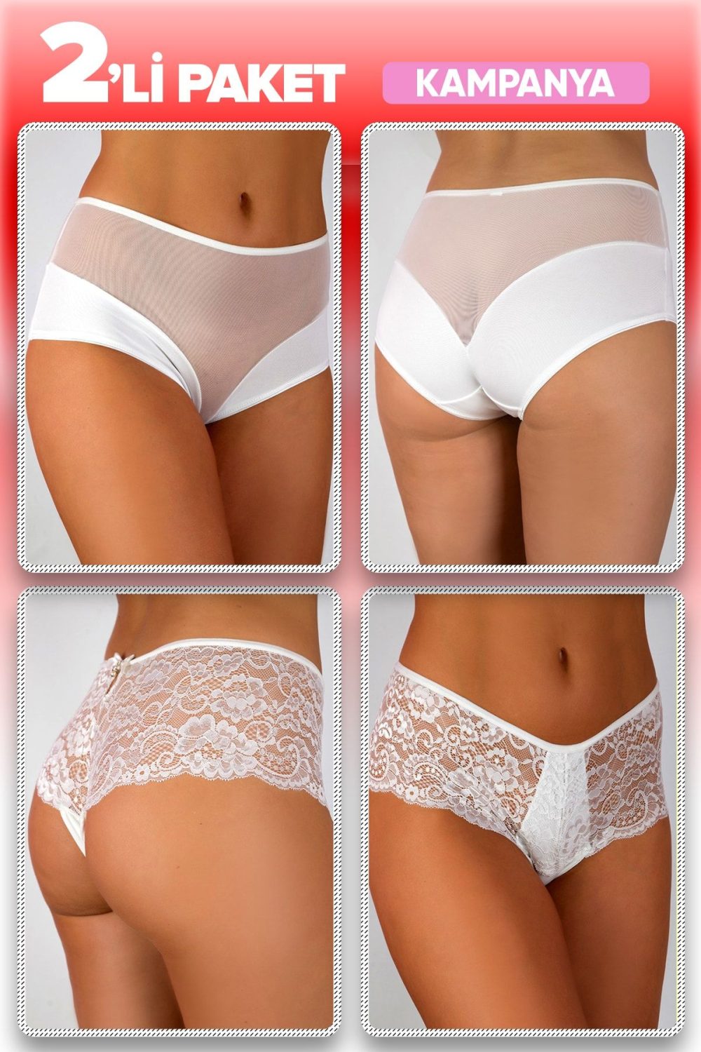 2 li Mk Claws Yüksel Bel Tül Detaylı ve Beyaz Dantelli Külot Box 921-923