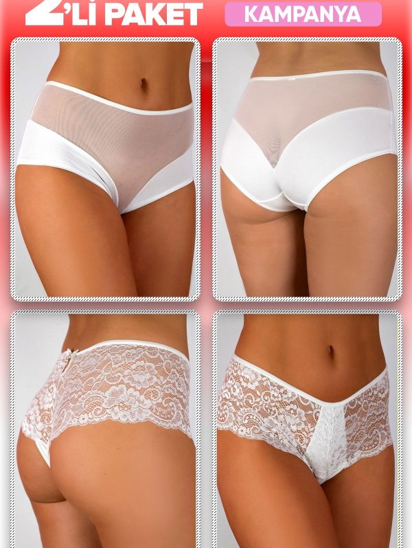 2 li Mk Claws Yüksel Bel Tül Detaylı ve Beyaz Dantelli Külot Box 921-923 - L
