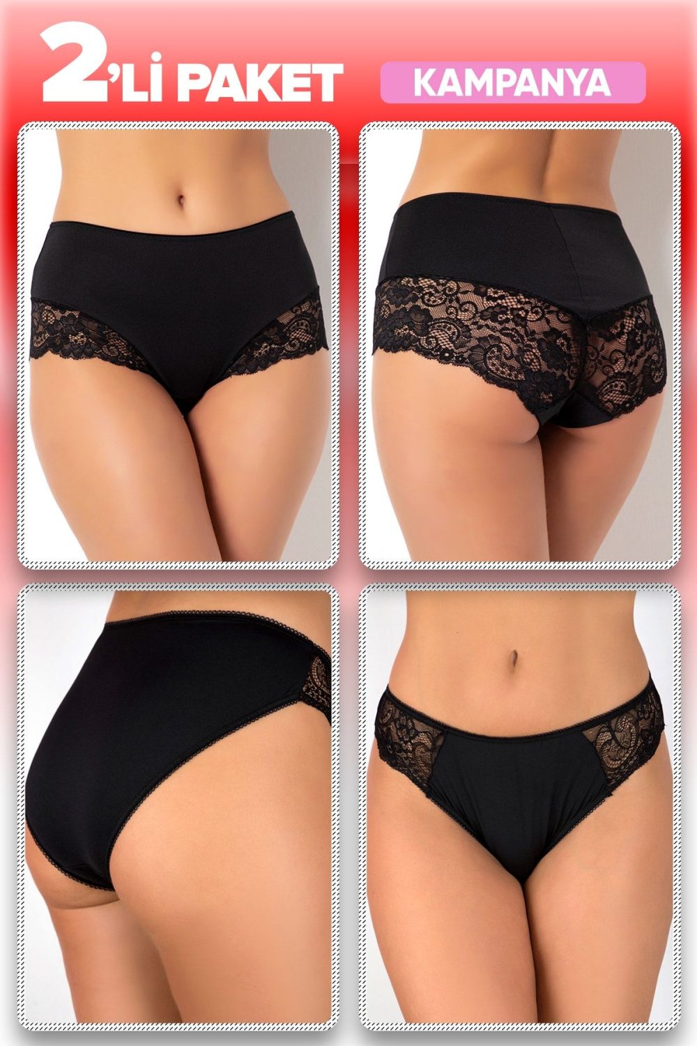 2 li Mk Claws Yüksel Bel Siyah Renk Dantelli Külot Box 912-919