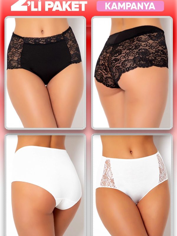 2 li Mk Claws Yüksel Bel Tül Detaylı ve Beyaz Dantelli Külot Box 910-911 - 2XL