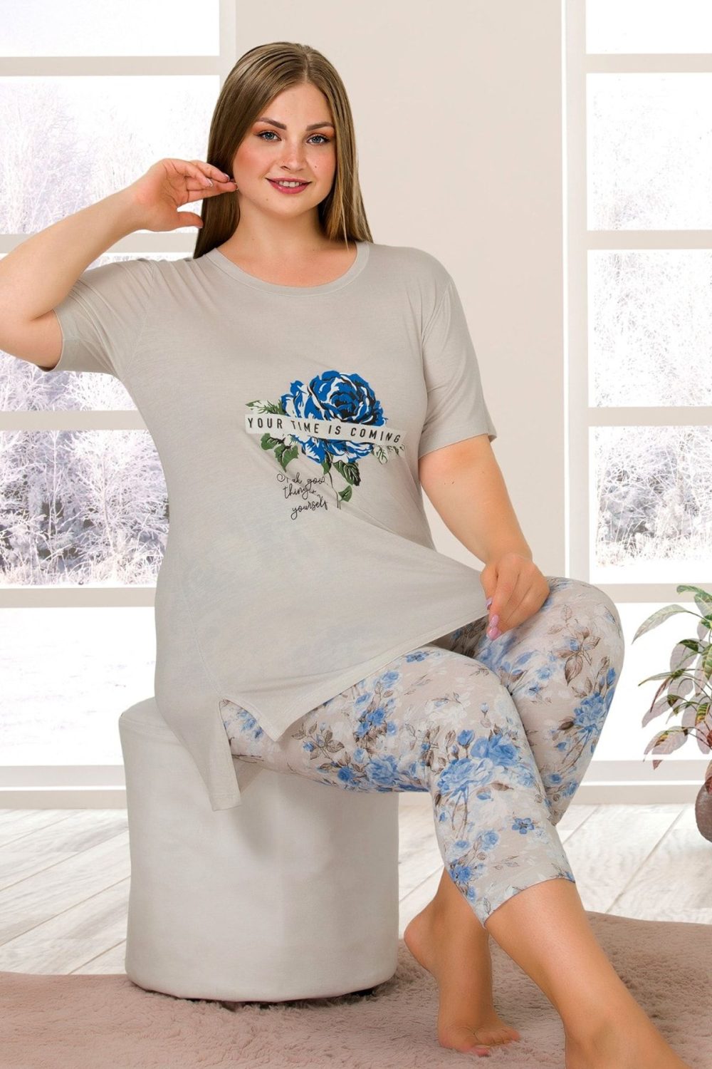 Lady Büyük Beden Kısa Kollu Kapri Pijama Takımı 10664