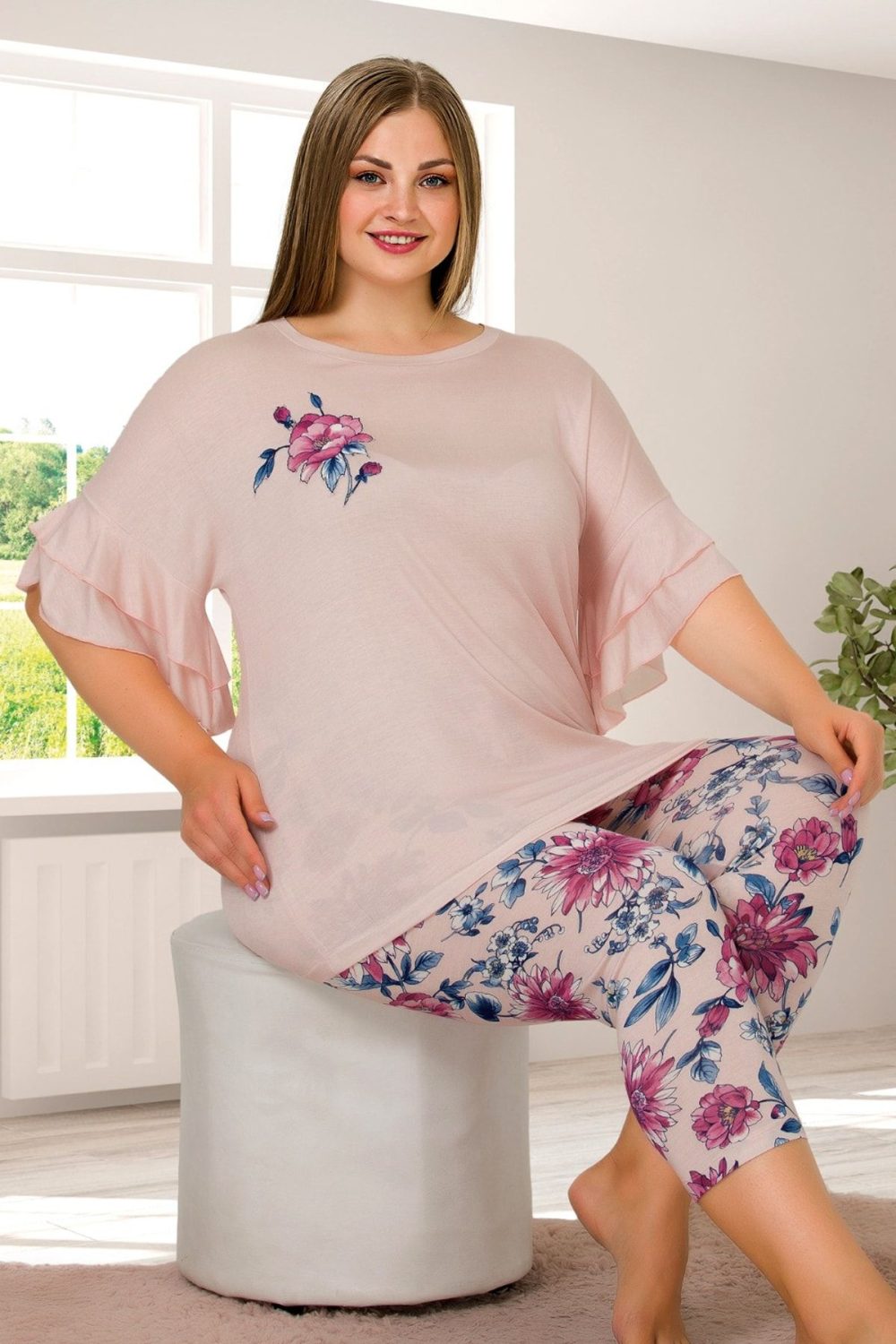 Lady Büyük Beden Kısa Kollu Kapri Pijama Takımı 10657