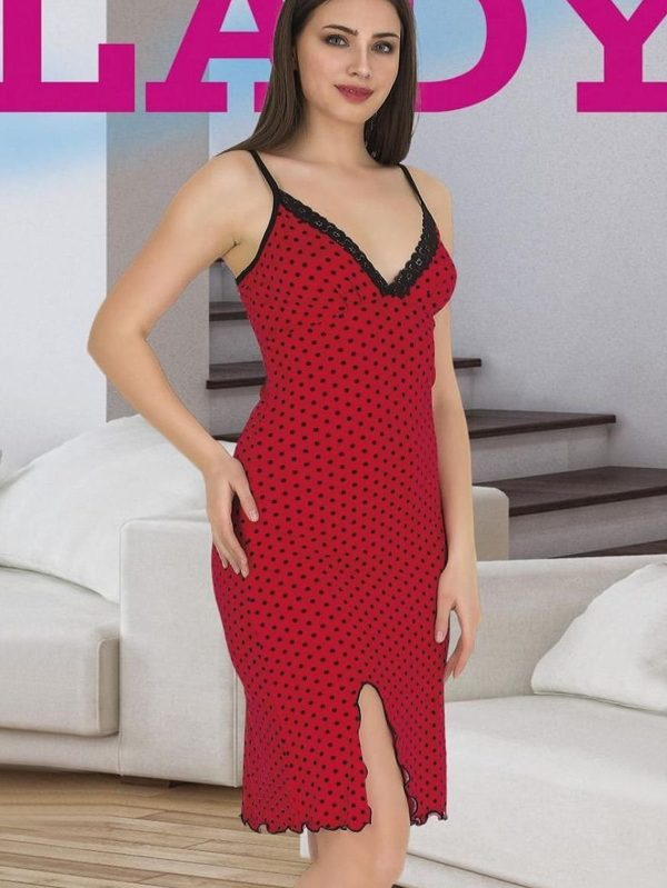 Pamuklu Lady Askılı Kırmızı Puantiyeli Gecelik Elbise 6362 - L/XL