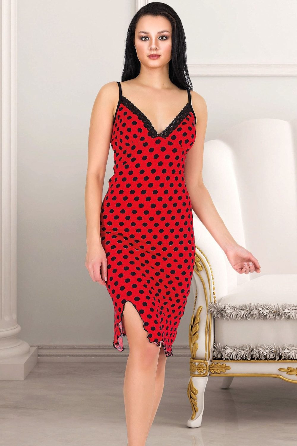 Pamuklu Lady Kırmızı Puantiyeli Gecelik Elbise 6199