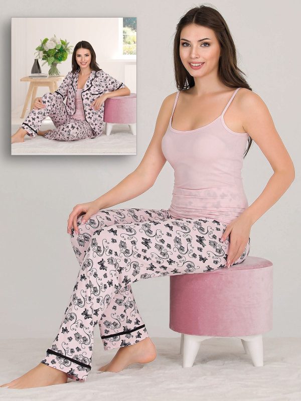 Lady Desenli Viskon Kumaş Kısa Kollu Gömlekli Ve Askılı 3 Lü Pijama Takımı 20013 - M