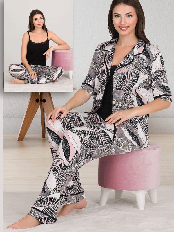 Desenli Viskon Kumaş Kısa Kollu Gömlekli Ve Askılı 3 lü Pijama Takımı 20017 - L/XL