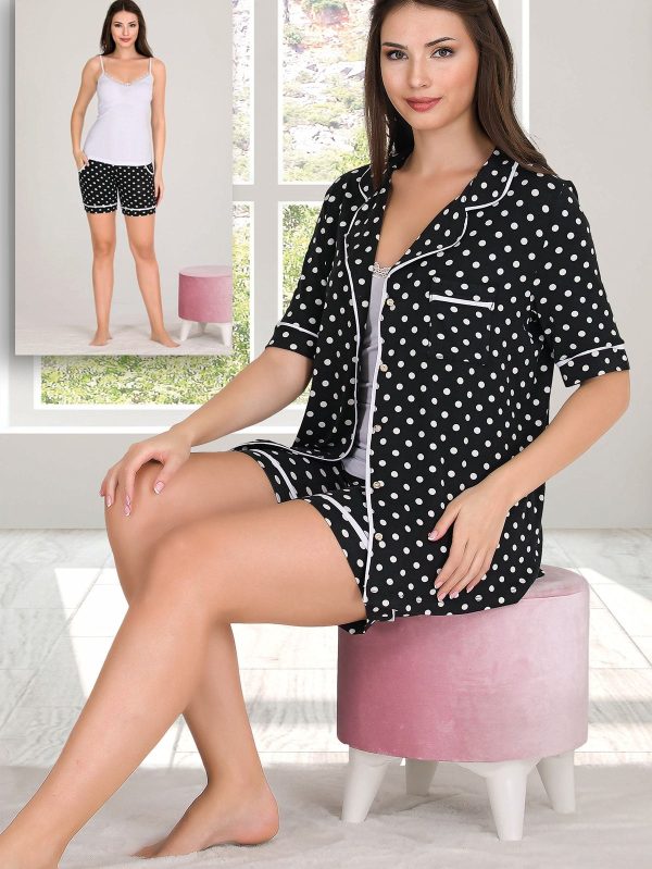Puantiyeli Viskon Kumaş Şortlu Kısa Kollu Gömlekli Ve Askılı 3 Lü Pijama Takımı 20200