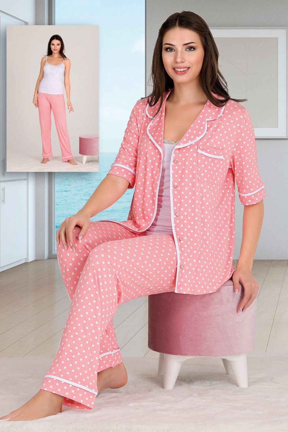 Lady Puantiyeli Viskon Kumaş Kısa Kollu Gömlekli Ve Askılı 3 lü Pijama Takımı 20011
