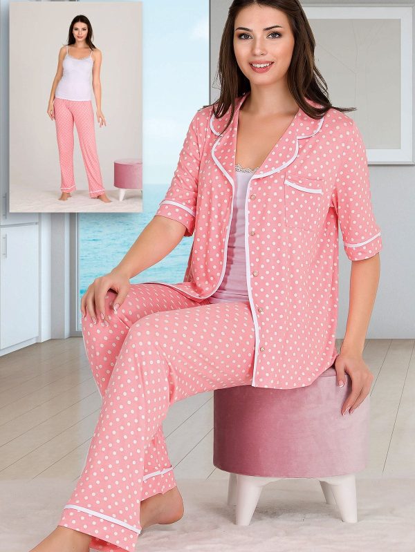 Lady Puantiyeli Viskon Kumaş Kısa Kollu Gömlekli Ve Askılı 3 lü Pijama Takımı 20011 - L/XL
