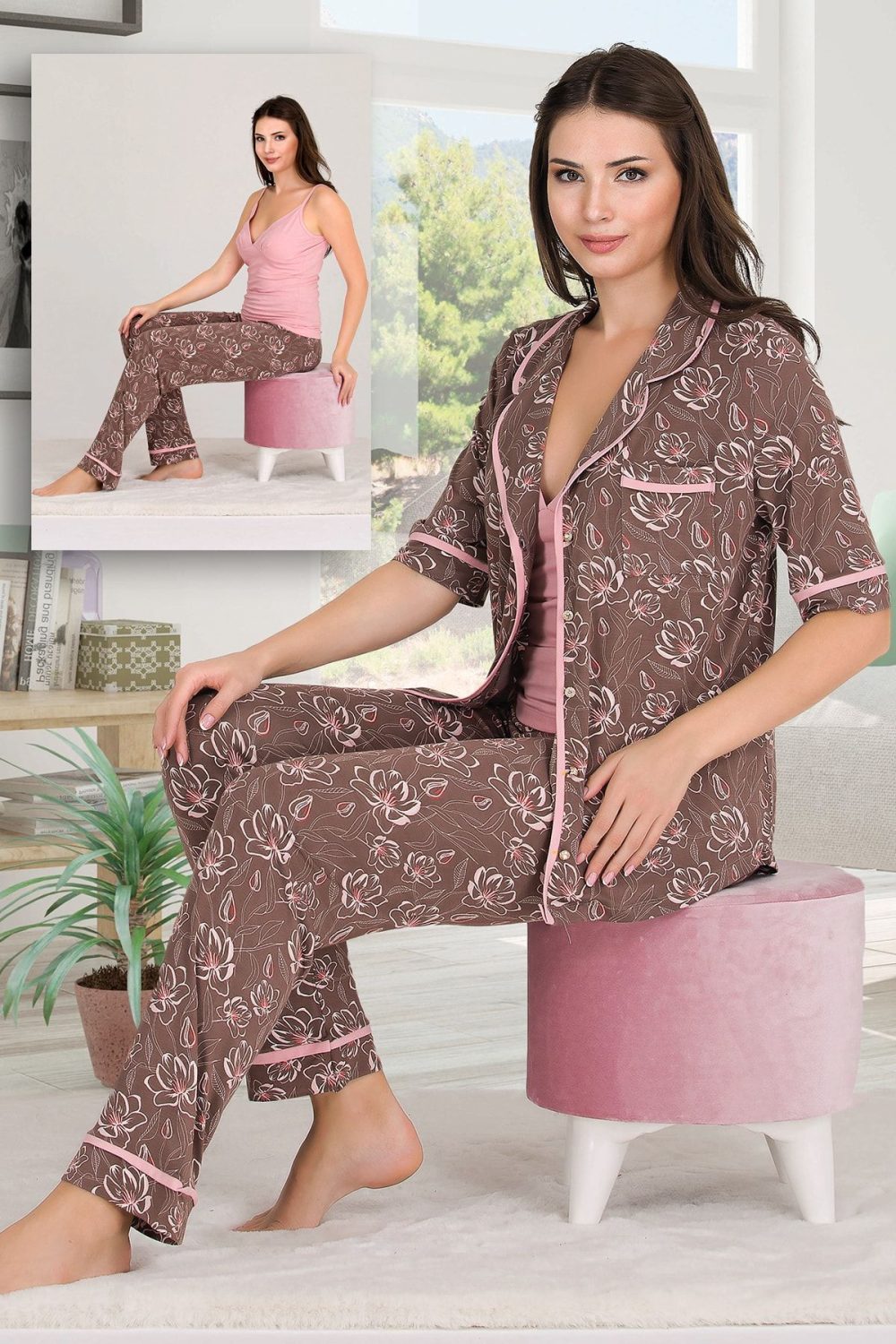 Lady Desenli Viskon Kumaş Kısa Kollu Gömlekli Ve Askılı 3 lü Pijama Takımı 20008