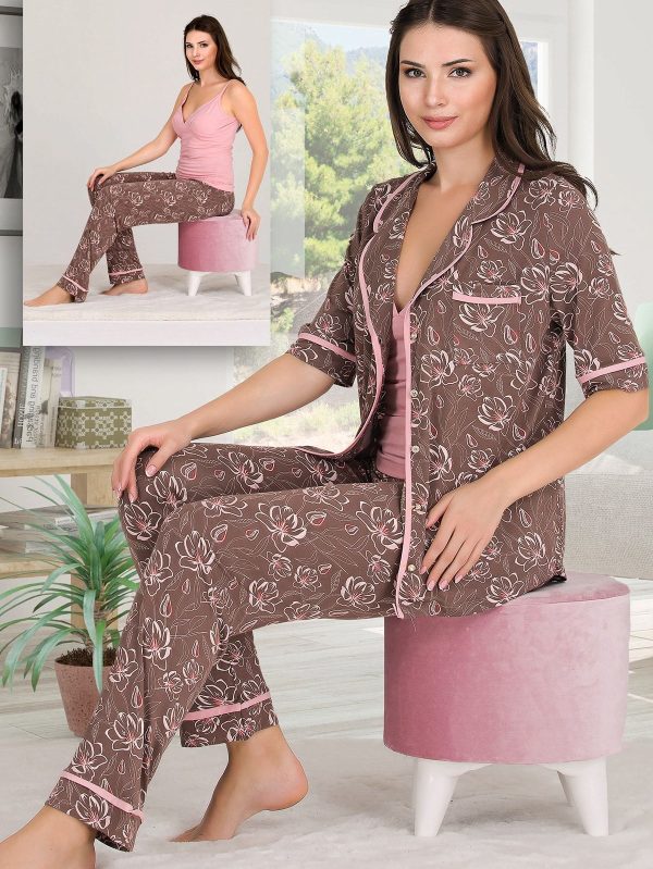 Lady Desenli Viskon Kumaş Kısa Kollu Gömlekli Ve Askılı 3 lü Pijama Takımı 20008