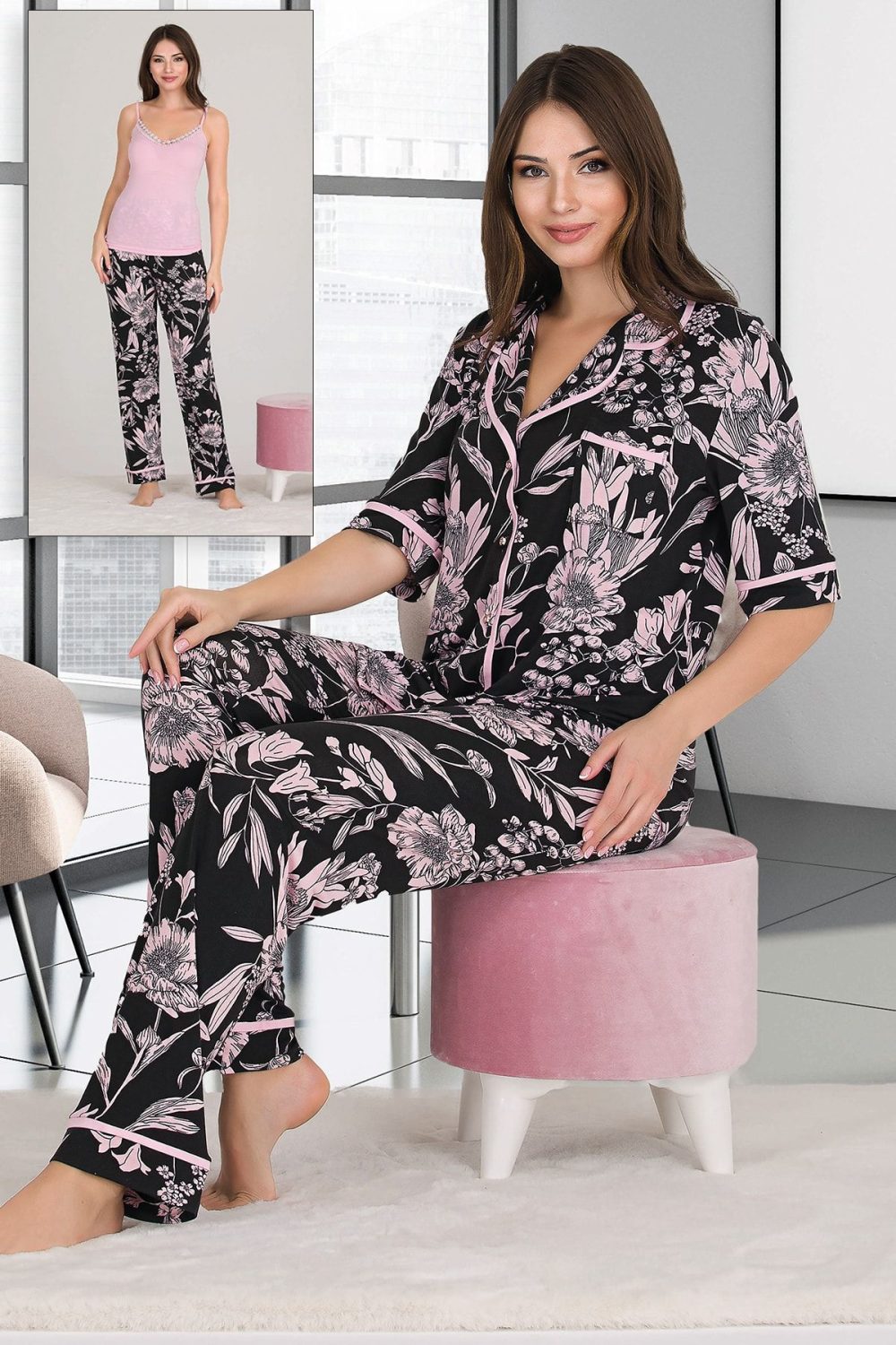 Lady Çiçek Baskılı Viskon Kumaş Kısa Kollu Gömlekli Ve Askılı 3 Lü Pijama Takımı 20001