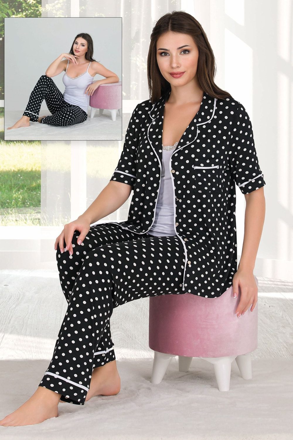 Lady Puantiyeli Viskon Kumaş Kısa Kollu Gömlekli Ve Askılı 3 Lü Pijama Takımı 20000