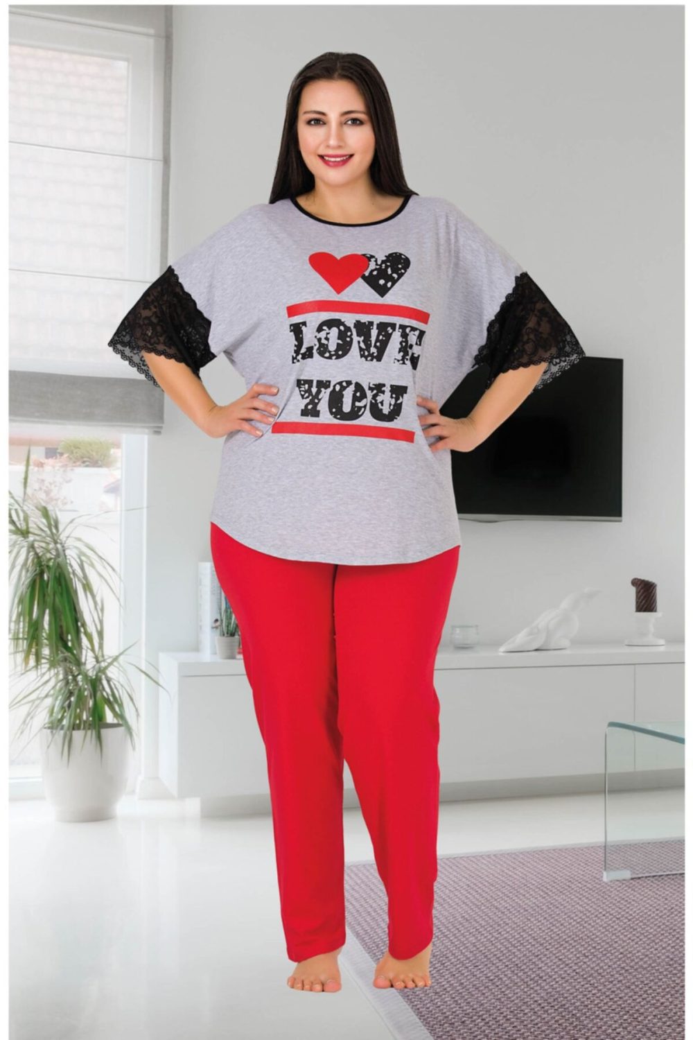 Lady Büyük Beden Kısa Kollu Uzun Pijama Takımı 10818