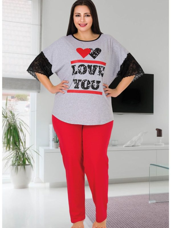 Lady Büyük Beden Kısa Kollu Uzun Pijama Takımı 10818 - 4XL