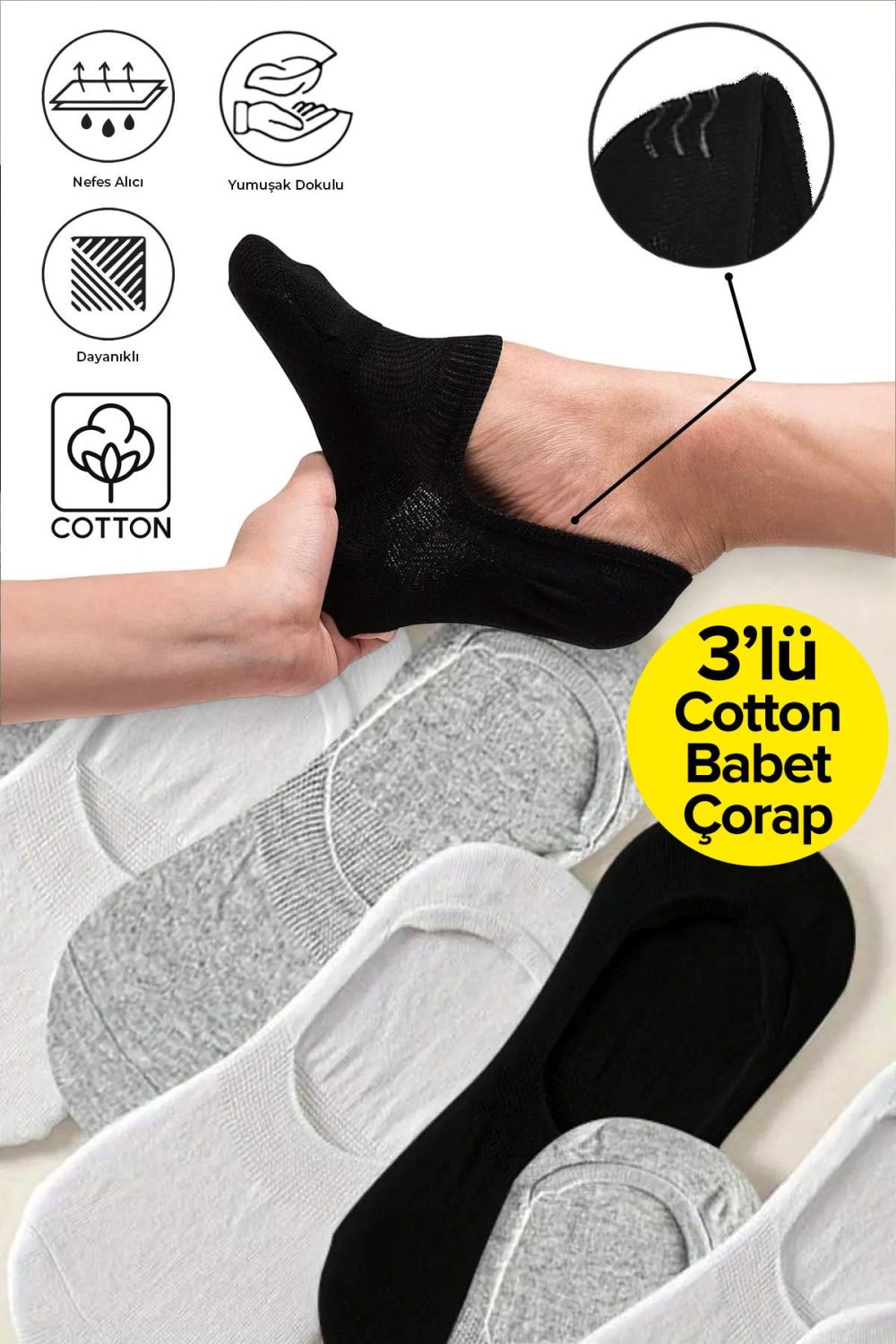 3 Çift Görünmez Cotton Babet Çorap