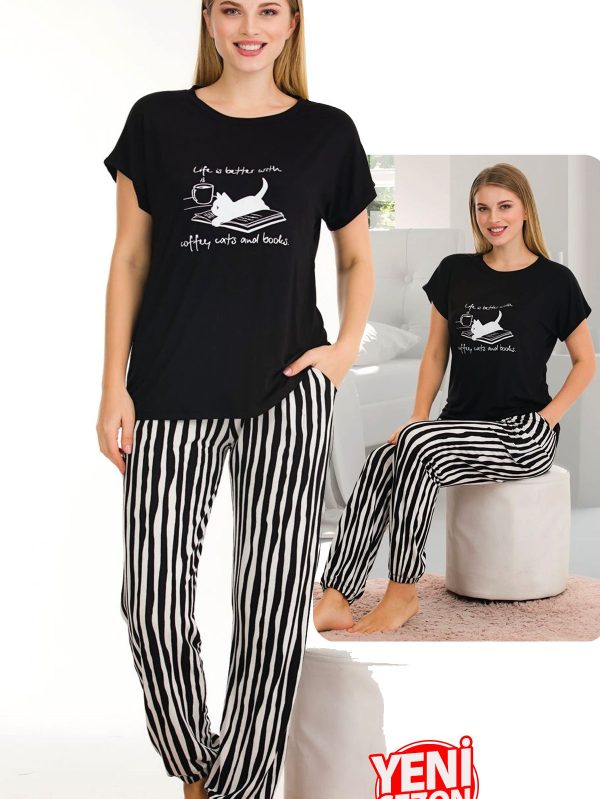 Viskon kumaş lady çizgi desenli normal beden bisiklet yaka kısa kol tişört pijama takımı 12560