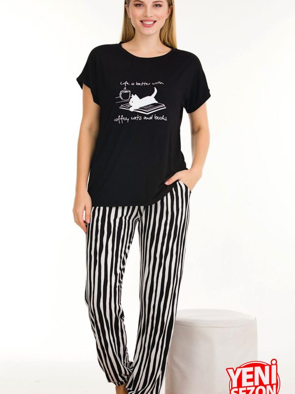 Viskon kumaş lady çizgi desenli normal beden bisiklet yaka kısa kol tişört pijama takımı 12560 - Görsel 2