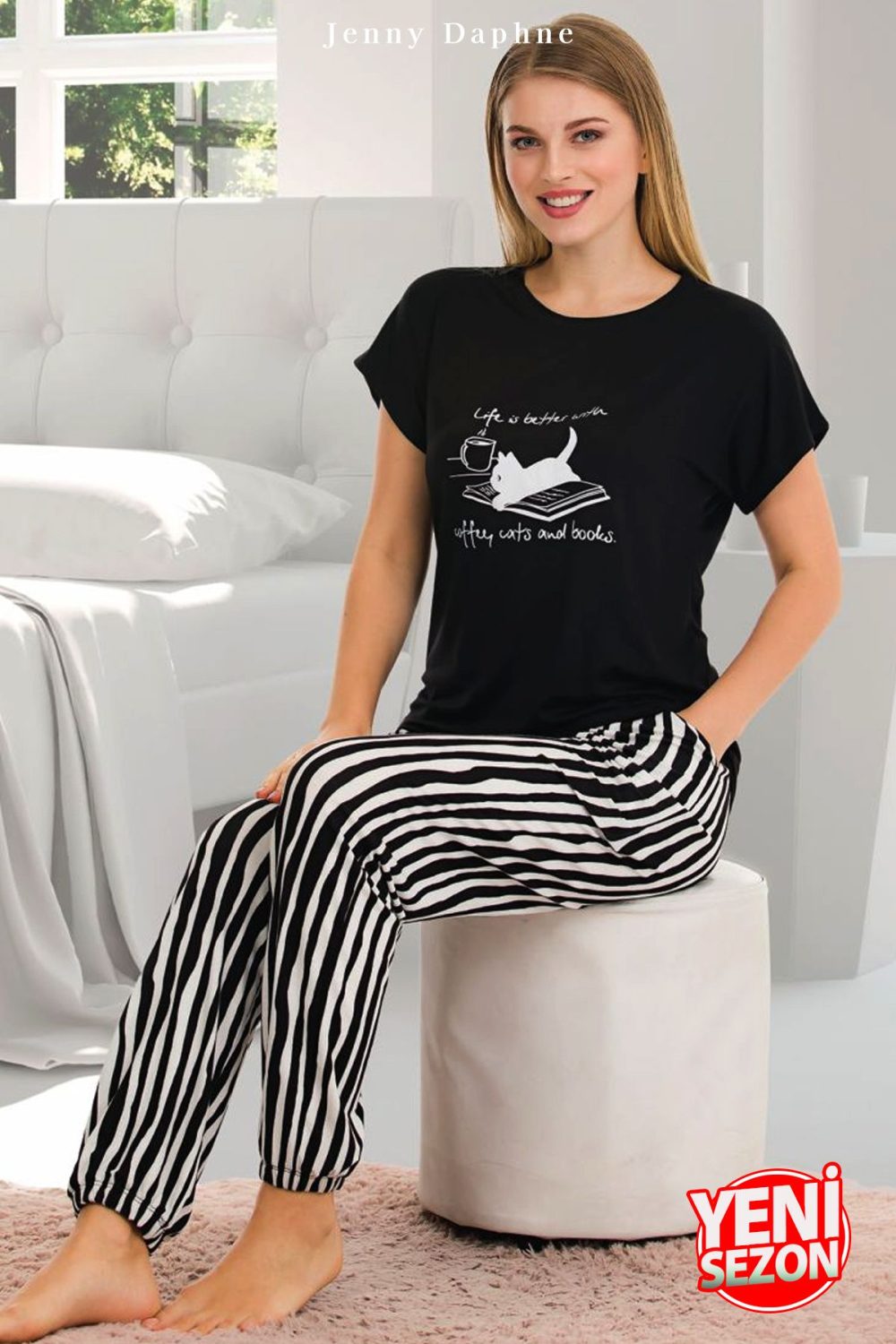 Viskon kumaş lady çizgi desenli normal beden bisiklet yaka kısa kol tişört pijama takımı 12560 - Görsel 3