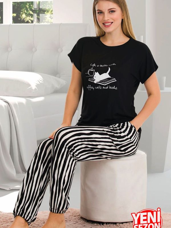 Viskon kumaş lady çizgi desenli normal beden bisiklet yaka kısa kol tişört pijama takımı 12560 - Görsel 3