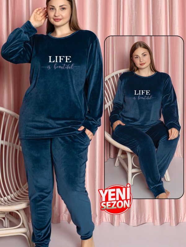 Yumuşak Dokulu Mavi Renkli Fransız Kadife Pijama Takımı 28506