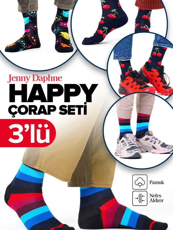3 Çift Ekonomik Pamuklu Baskılı Unisex Soket Çorap - Görsel 4
