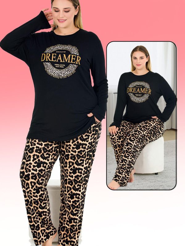 Uzun Kollu Bisiklet Yaka Üst ve Leopar Desenli Alt Büyük Beden Viskon Kumaş Pijama Takımı 11379