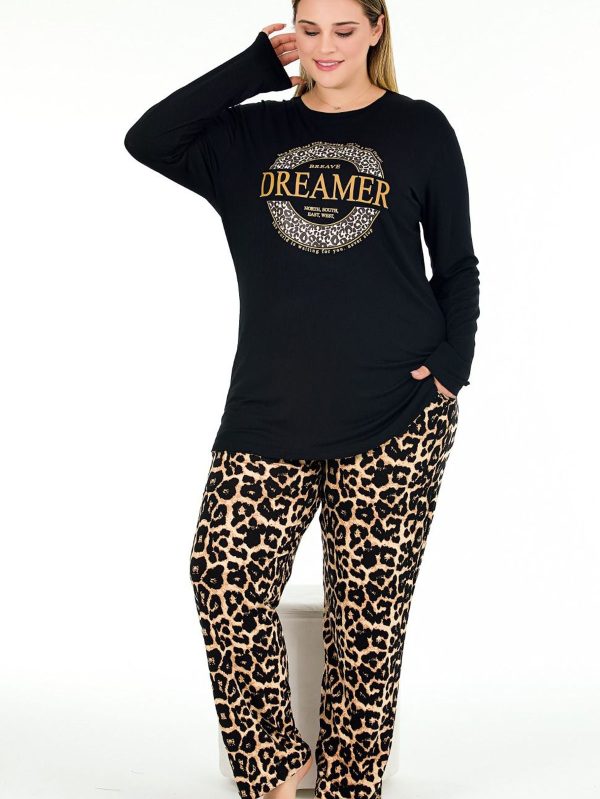 Uzun Kollu Bisiklet Yaka Üst ve Leopar Desenli Alt Büyük Beden Viskon Kumaş Pijama Takımı 11379 - Görsel 2