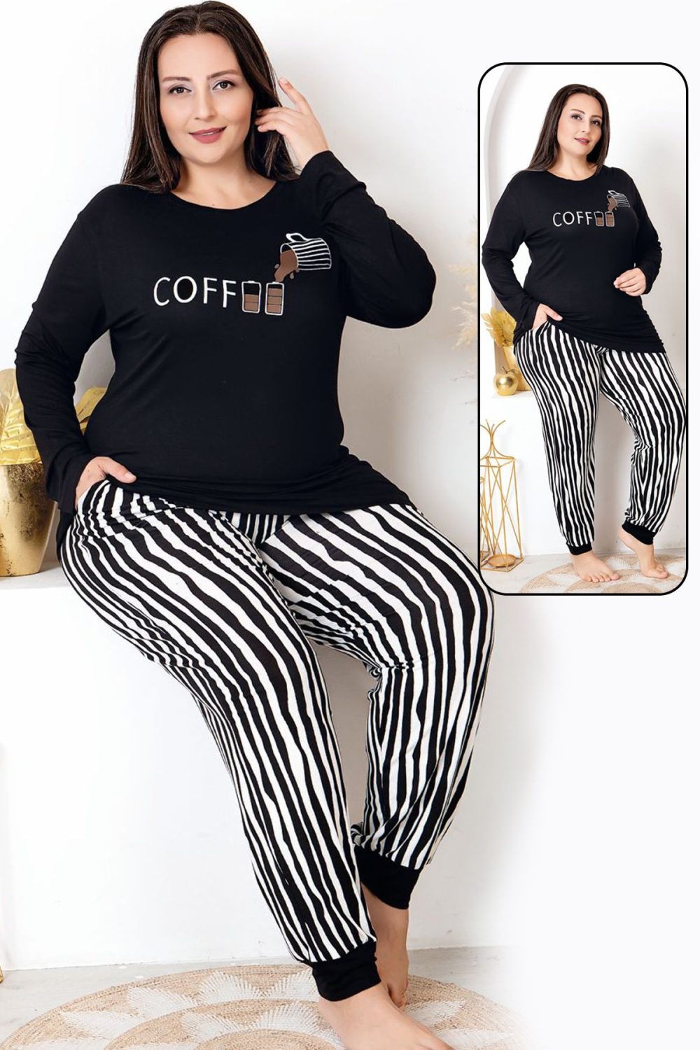 Uzun Kollu Bisiklet Yaka Üst ve Çizgili Lastikli Paçalı Büyük Beden Viskon Kumaş Pijama Takımı 11402