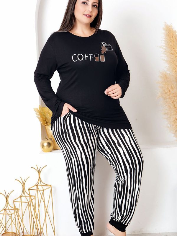 Uzun Kollu Bisiklet Yaka Üst ve Çizgili Lastikli Paçalı Büyük Beden Viskon Kumaş Pijama Takımı 11402 - Görsel 2