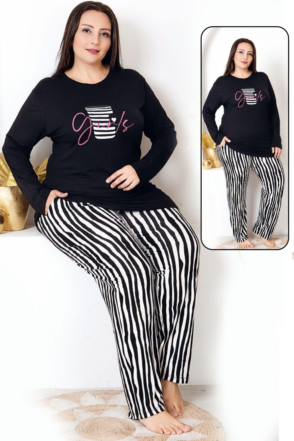 Uzun Kollu Bisiklet Yaka Üst ve Çigili Desenli Alt Büyük Beden Viskon Kumaş Pijama Takımı 11398