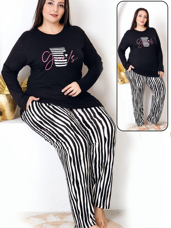 Uzun Kollu Bisiklet Yaka Üst ve Çigili Desenli Alt Büyük Beden Viskon Kumaş Pijama Takımı 11398