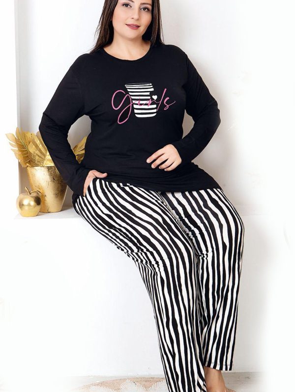 Uzun Kollu Bisiklet Yaka Üst ve Çigili Desenli Alt Büyük Beden Viskon Kumaş Pijama Takımı 11398 - Görsel 3