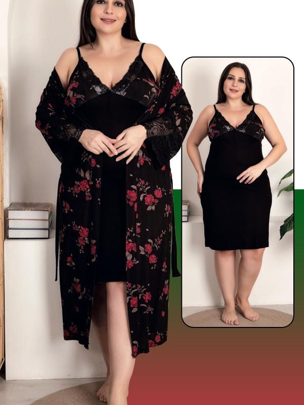 Lady Çiçek Desenli Viskon Kumaş Lüks Gecelik Sabahlık Takımı 19225 - 3XL