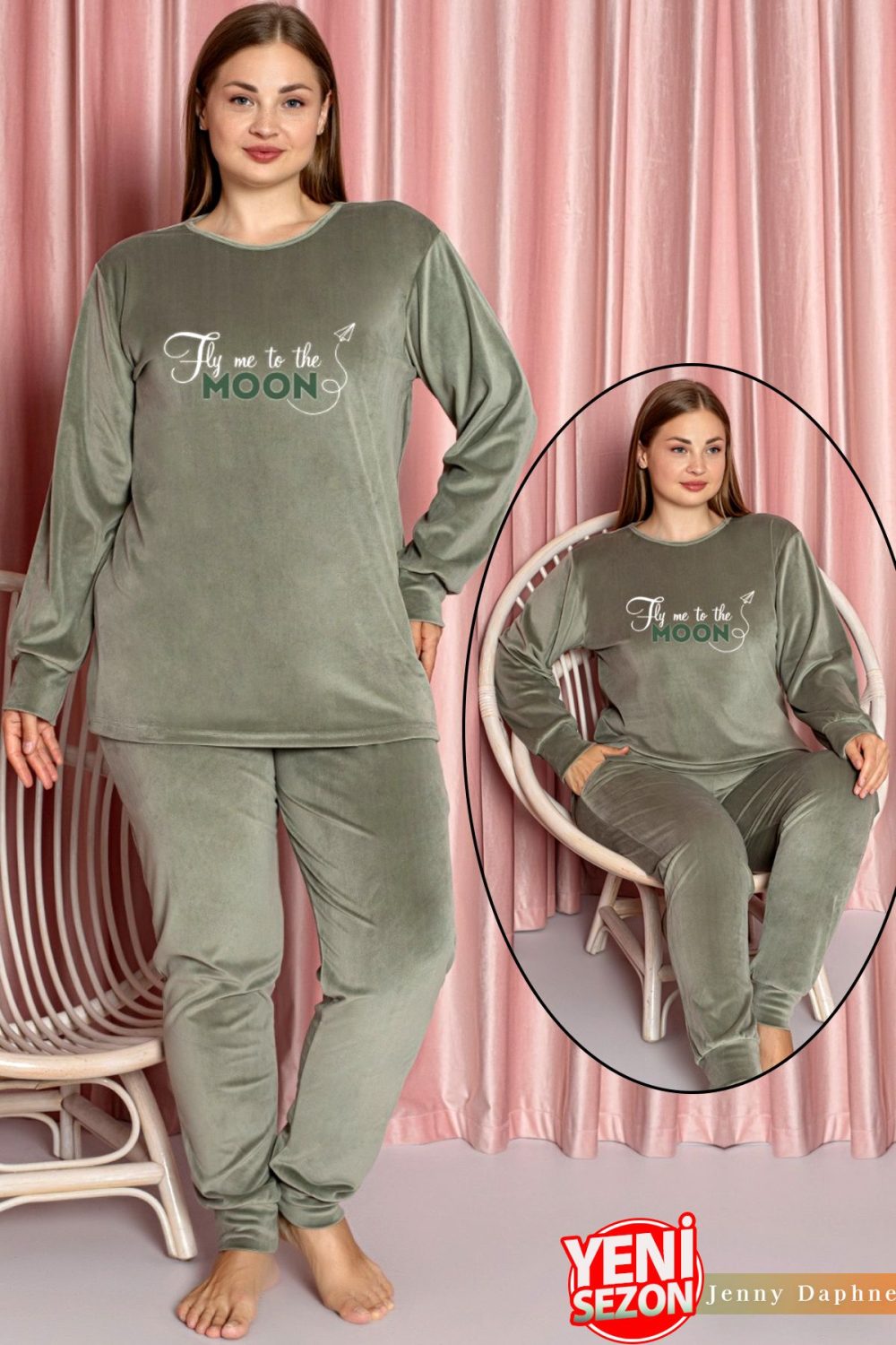 Yumuşak Dokulu Açık Yeşil  Renkli Fransız Kadife Pijama Takımı 28509